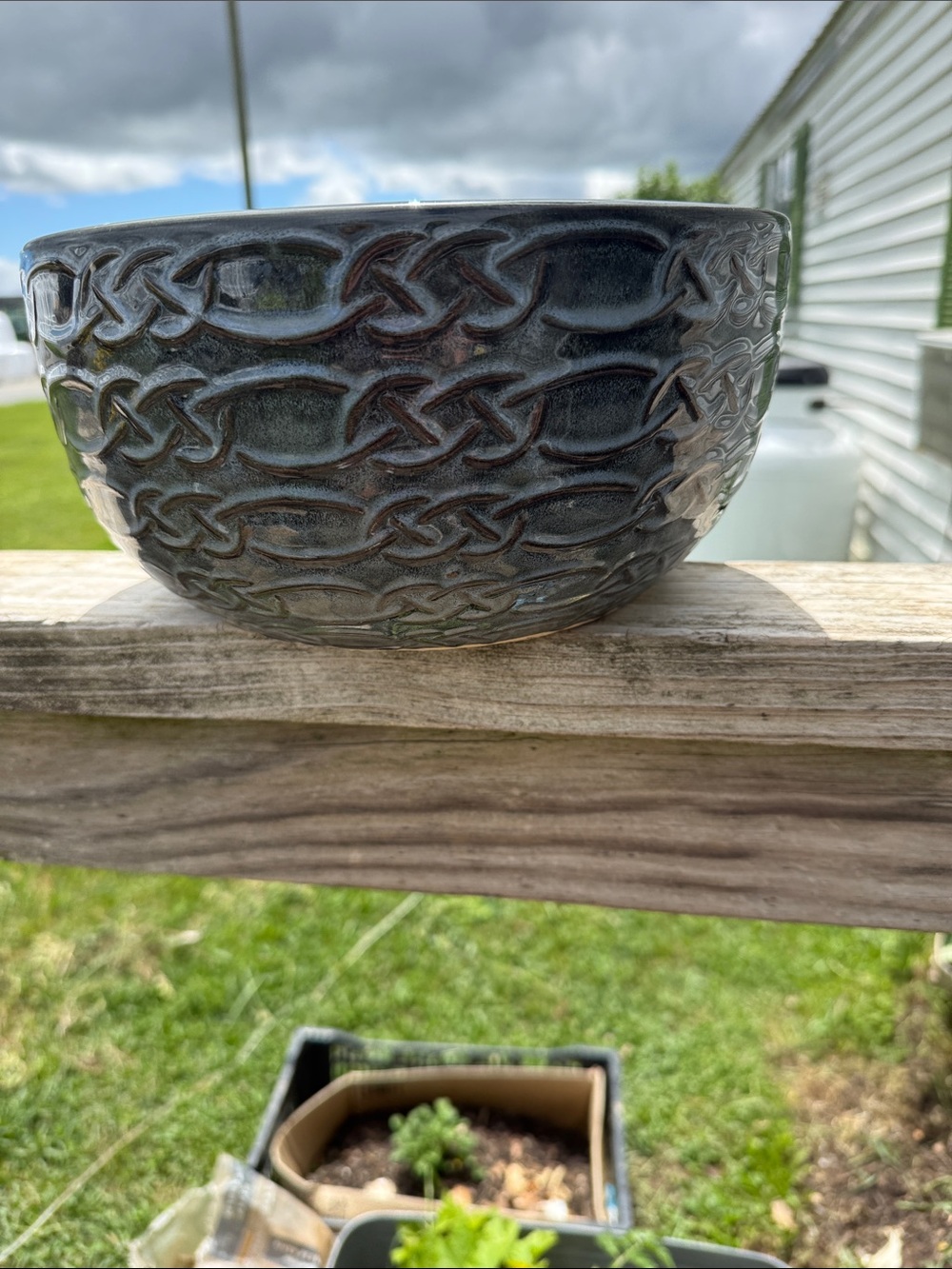Textured Celtic-Style Ceramic Bowl in Dark Gray